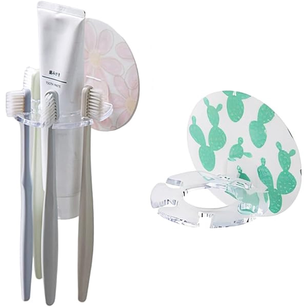 Tandenborstelhouder - Scheermeshouder - Badkamer haakje - Zelfklevend - Toothbrush holder - Transparant - Cactusprint - Kunststof - Jonyx