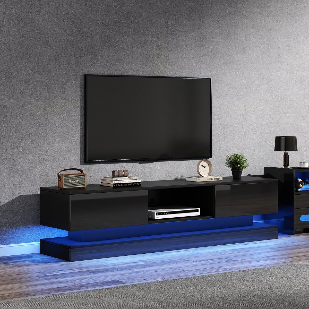 Wishdor - TV meubel - zwart hoogglans - 2 lades en open vak met LED-verlichting - modern woonkamermeubel - bewerkt hout - zwart - 160 x 35 x 40,5 cm
