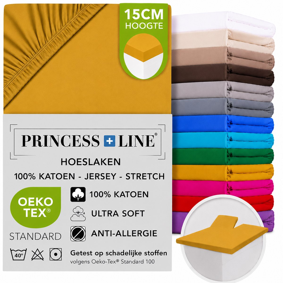 Princess Line Comfortabel Ultra-Soft Splittopper Hoeslaken 160x200 - 100% Katoen Jersey - Hoeslaken voor Elektrisch & Verstelbaar Bed - Rondom Elastiek - Hoekhoogte 15 cm - Bovensplit ca. 90 cm - Okergeel