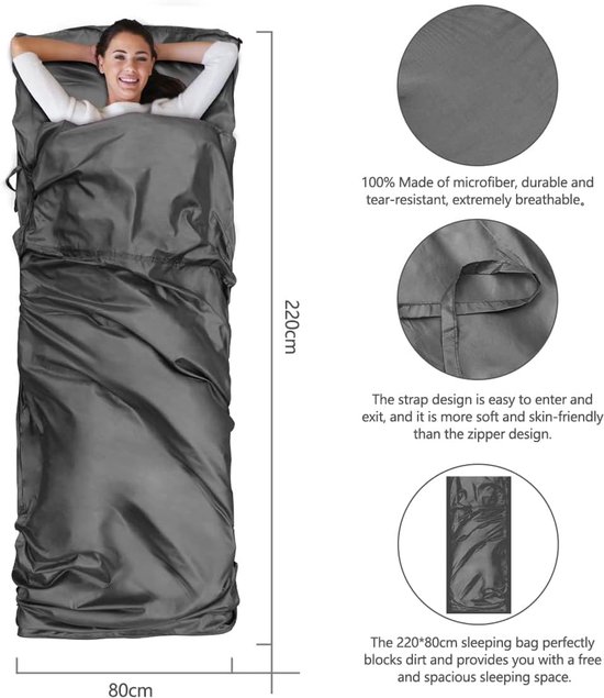 SnelShoppen - Zacht bedlaken met kussensloop, ultralichte reislaken slaapzak voor camping, rugzakreizen, hotelgebruik, grijs, 220x80 cm, nylon, ademen van Snelshoppen — afbeelding 3