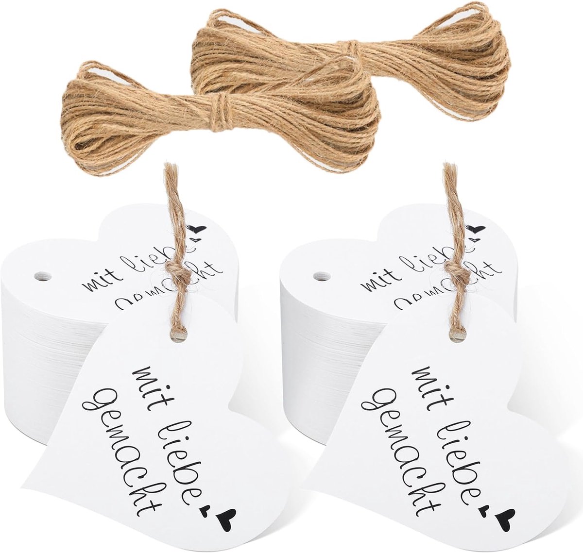 SnelShoppen - 100 Stuks Hartvormige Cadeautags 6cm - Wit Kraft Papier Labels met Jute Koord - Perfect voor Valentijn, Kerst en Bruiloften