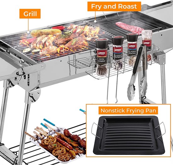 NAVOBIZ Barbecue - BBQ - Houtskool grill - Buitenkeuken - Inklapbaar - Roestvrij staal - Bakplaat - Opbergrek - Draagbaar - Zilver — afbeelding 2