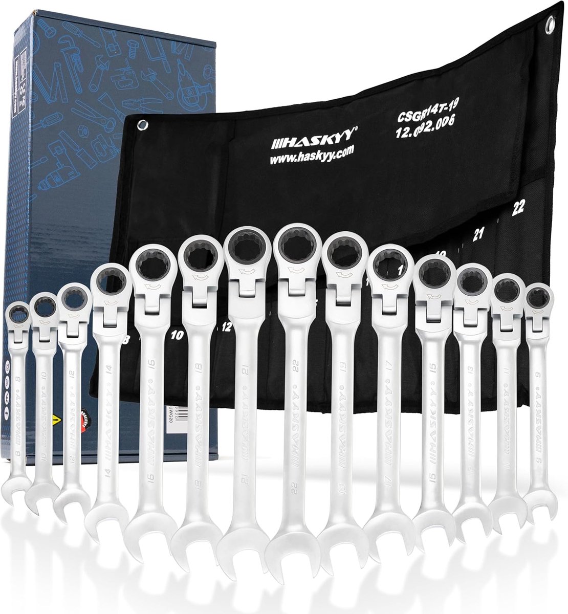 SnelShoppen - 14-delige Ratchet Ring Steeksleutel Set 8-22mm, Professionele Plug-Ring Sleutels met Ratchet, Chrome-Vanadium Staal, Ideaal voor Auto en
