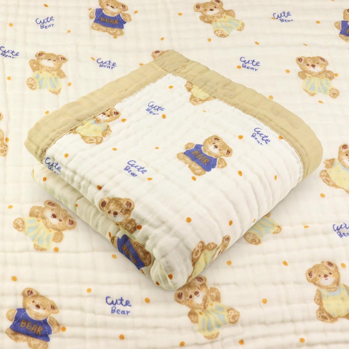 SnelShoppen - Zachte Katoenen Babydeken - 6 Laags Muslin - 110x105 cm - Geschikt voor 0-3 Jaar - Teddybeer Motief - Perfect voor Thuis en Buiten