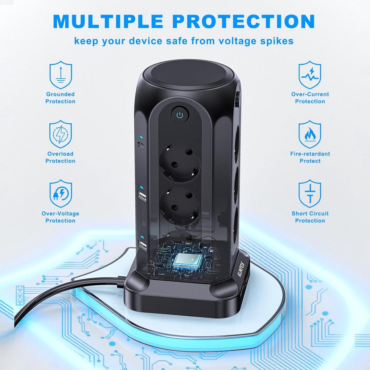 SnelShoppen - Power Strip met Schakelaar, 12 Stopcontacten, 4 USB A & 2 USB C, Overspanningsbeveiliging 1500 J, Power Tower met 2 m Kabel voor Thuis e