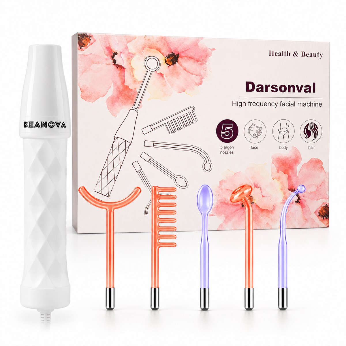 KEANOVA Darsonval High Frequency Apparaat – 5 Glaselektroden met Argon en Neon – Wit