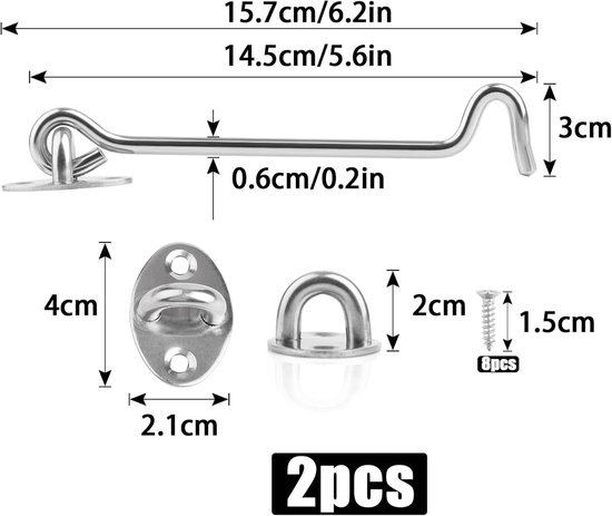 SnelShoppen - Long Gate Hook and Eye Locking - 2pcs 157mm Deursluiting Haak - RVS Cabin Hooks Voor Buiten, Garage, Schuifdeur, Slaapkamer en Badkamer — afbeelding 5
