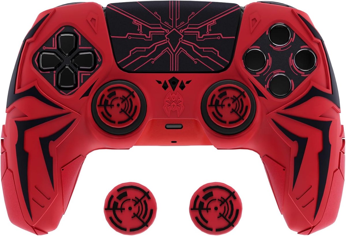 SnelShoppen - PS5 Controller Silikon Case met 2 Inch Grips en 6 Stickers, Slip Resistant Shockproof Cover in Cyber Spider Design, Rood/Zwart, Geschikt