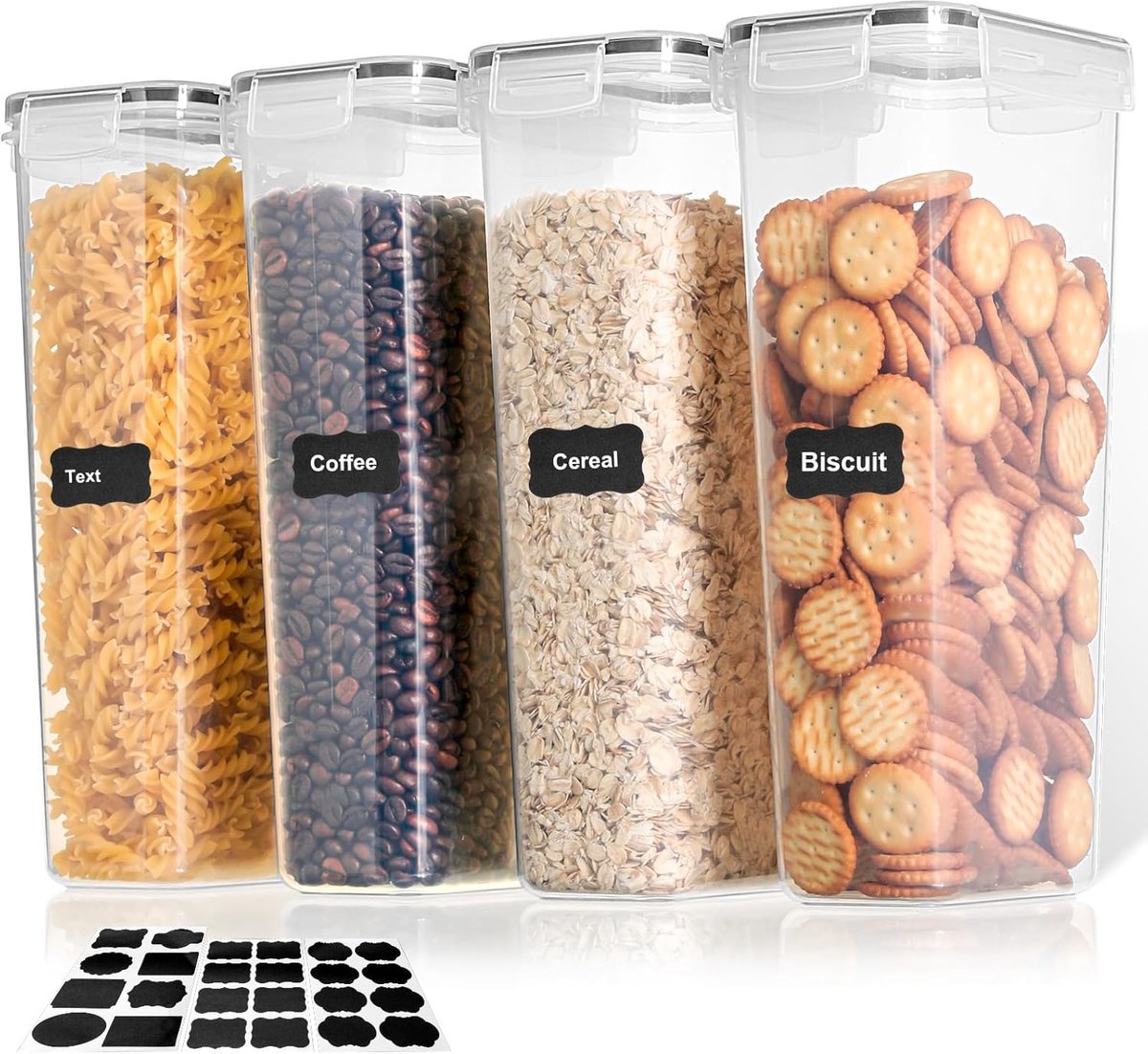 SnelShoppen - Set van 4 Airtight Opslagdozen met Deksel, BPA-vrij, 2.8L, Perfect voor Cereal, Pasta, Suiker, Rijst, Keuken Organisatie, met Labels