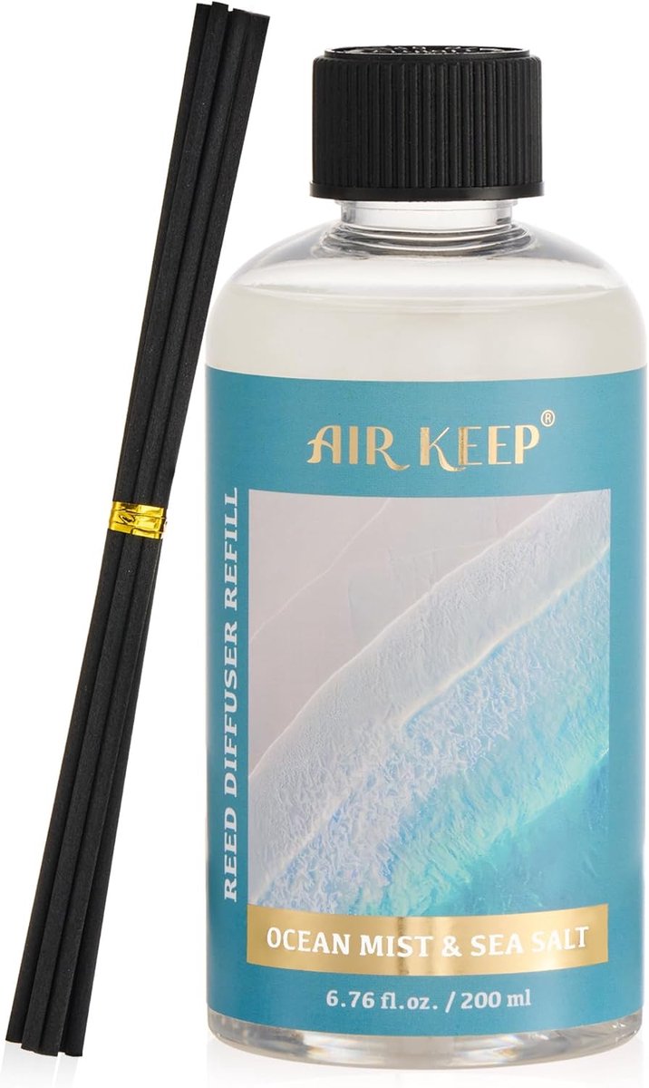 SnelShoppen - Airkeep Geurstokjes Navulling 200ml - Ocean Mist & Sea Salt - Aroma Diffuser voor Woonkamer, Slaapkamer, Badkamer - Verfrissende Zeeluch