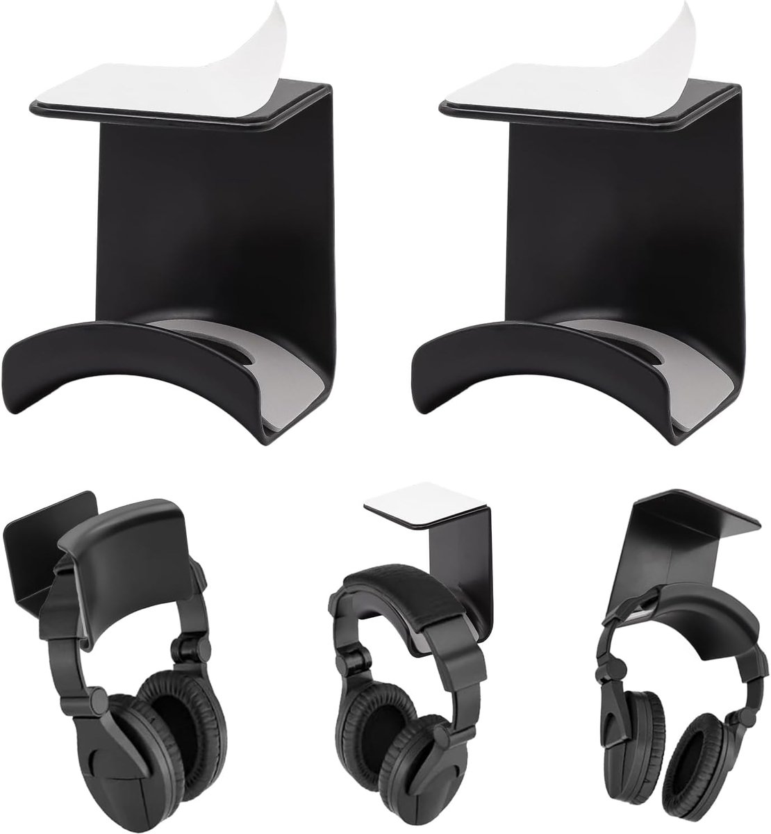 SnelShoppen - Pack van 2 Hoofdtelefoonhouders, Zelfklevende Headset Stand voor Bureau en Wandmontage, Zwart, 6.3 x 5.3 x 7.5 cm, Geschikt voor Alle Ho