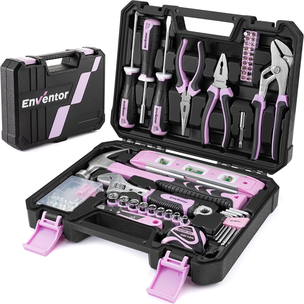 SnelShoppen - Complete 108-delige roze gereedschapsset voor vrouwen, handgereedschap met opbergbox, ideaal voor huis en tuin, perfect cadeau voor verj