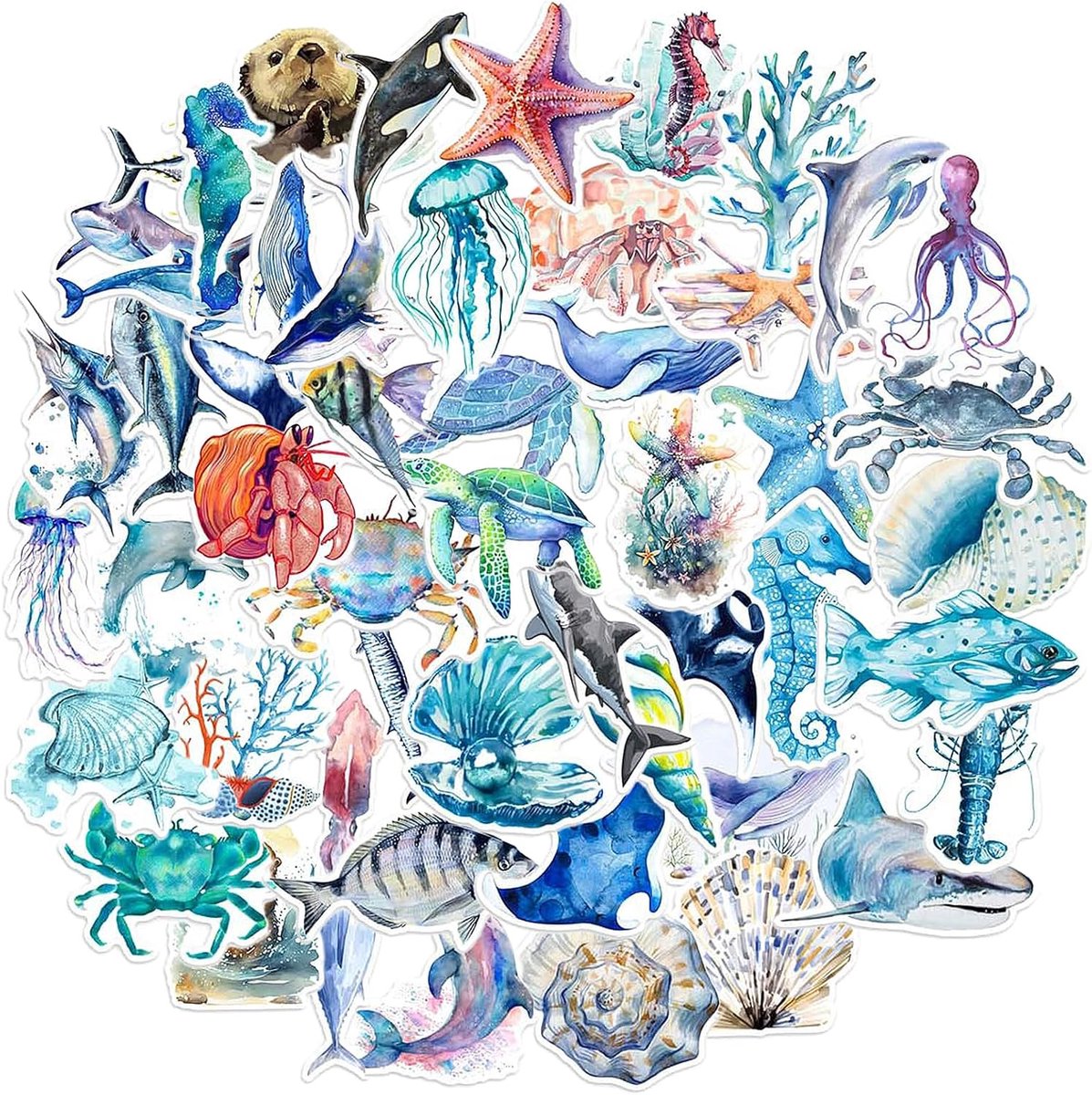 SnelShoppen - Pack van 50 Waterdichte Zeedier Stickers, Onderwaterwereld Zelfklevende Marine Leven Ocean Fish Stickers voor Kinderen, Feest, Scrapbook