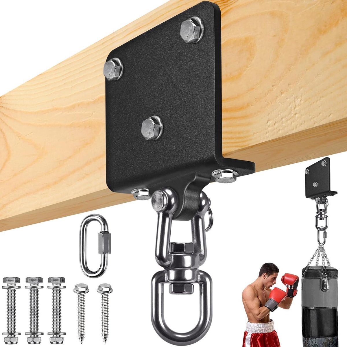 SnelShoppen - Punching Bag Holder, Ceiling Hook, Heavy Load, 1000 kg Capaciteit, 360 Graden Rotatie, Verwijderbare Houten Balk voor Swing, Hangstoel e