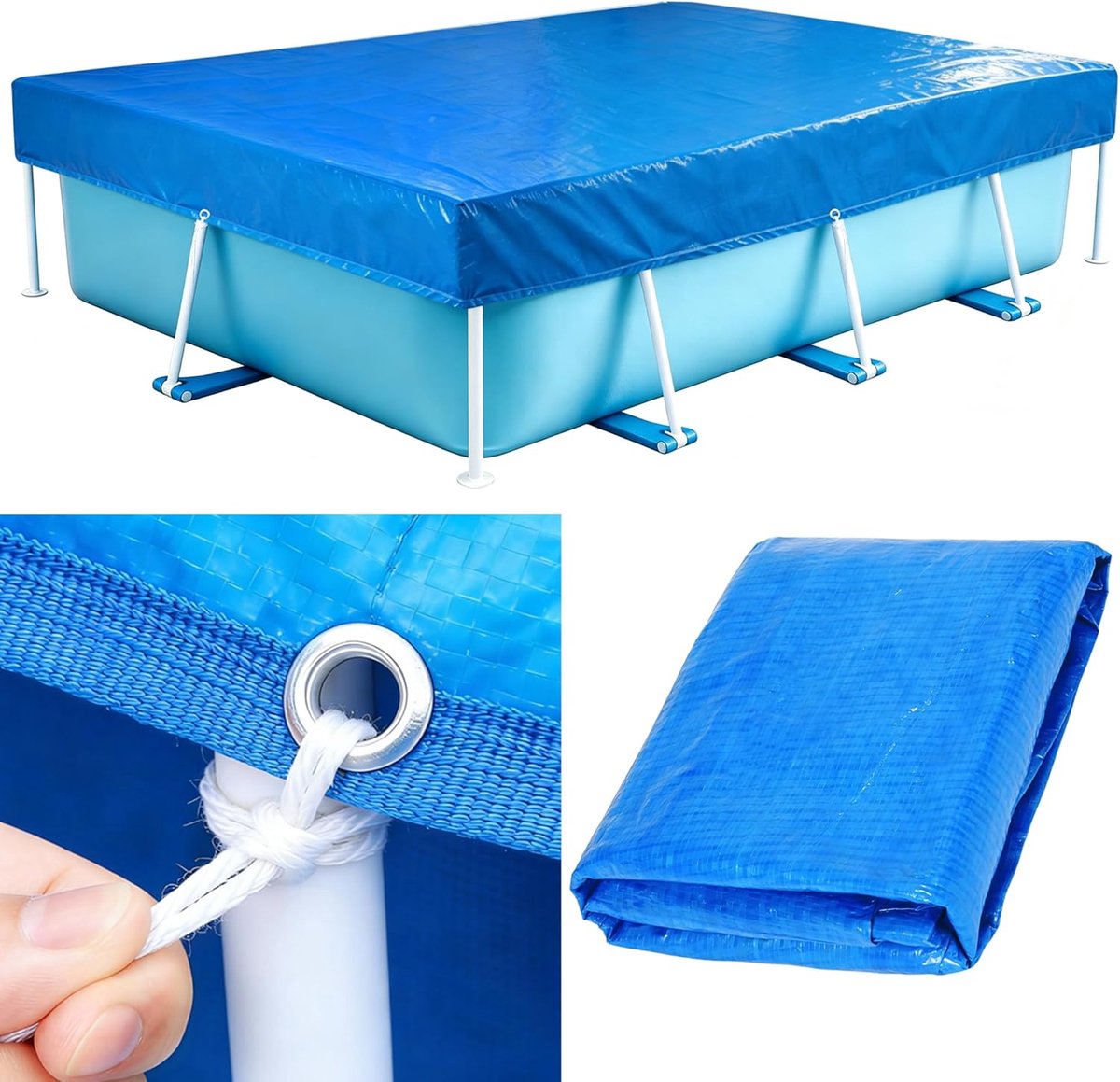 Rechthoekige zwembadafdekking 224 x 154 cm - Blauw, met bindtouw en verstevigde ogen - Ademend en vuilwerend PE-zeil voor framezwembaden
