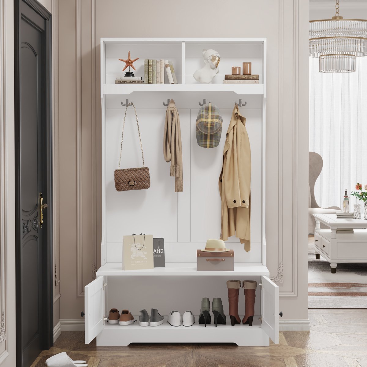 Wishdor - Schoenenkast - Entreekast met zitbank, 4 haken en 2 open vakken - modern voor hal en entree - houtlook wit - 101,5 x 47 x 183 cm