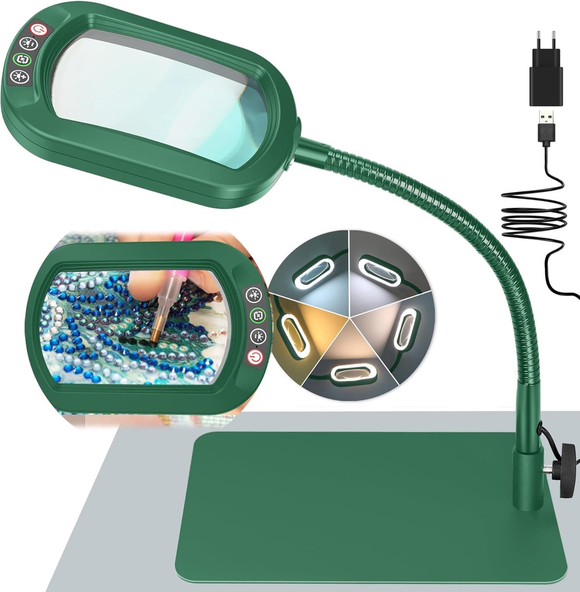 SnelShoppen - 10X Vergrootglas met Licht en Standaard, Echt Glazen Loeplamp met Flexibele Zwanenhals, 5 Dimbare Kleurmodi - Ideaal voor Lezen, Knutsel