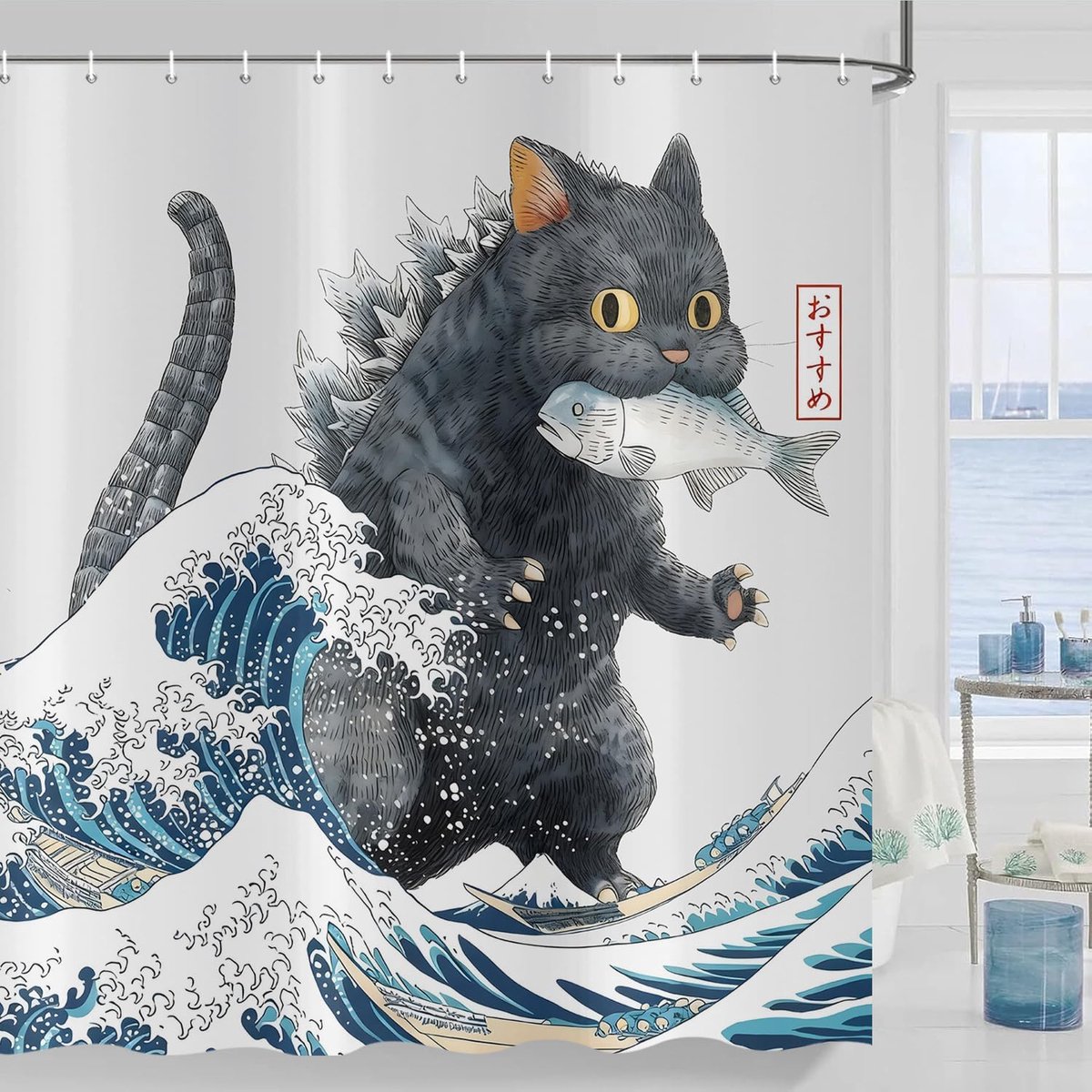 SnelShoppen - Douchegordijn Japanse Kat 180x200cm, Anime Grappige Zwarte Kat Vangt Vis, Waterdicht Badgordijn voor Badkuip met 12 Haken, Polyester Was