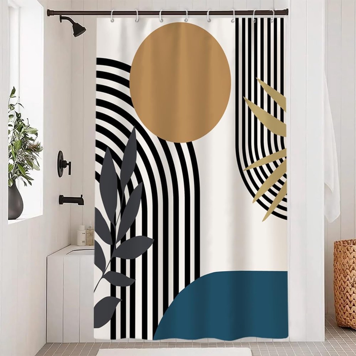 SnelShoppen - Blue Abstract Geometric Lines Douchegordijn - Zwart Gestreepte Badkamer Gordijnen - Schimmelbestendig Waterdicht Polyester - 120 x 180 c