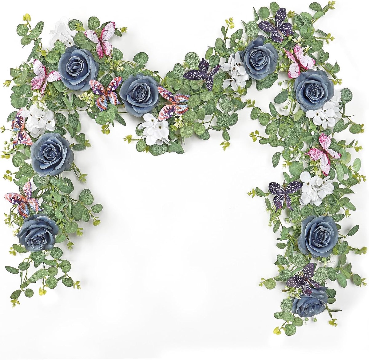 SnelShoppen - 2 Stuks 1.8m Kunstbloemen Guirlande Eucalyptus met 3D Vlinders Vintage Nepbloemen Guirlande Rozen Klimplant Groen Decoratieve Hangplant