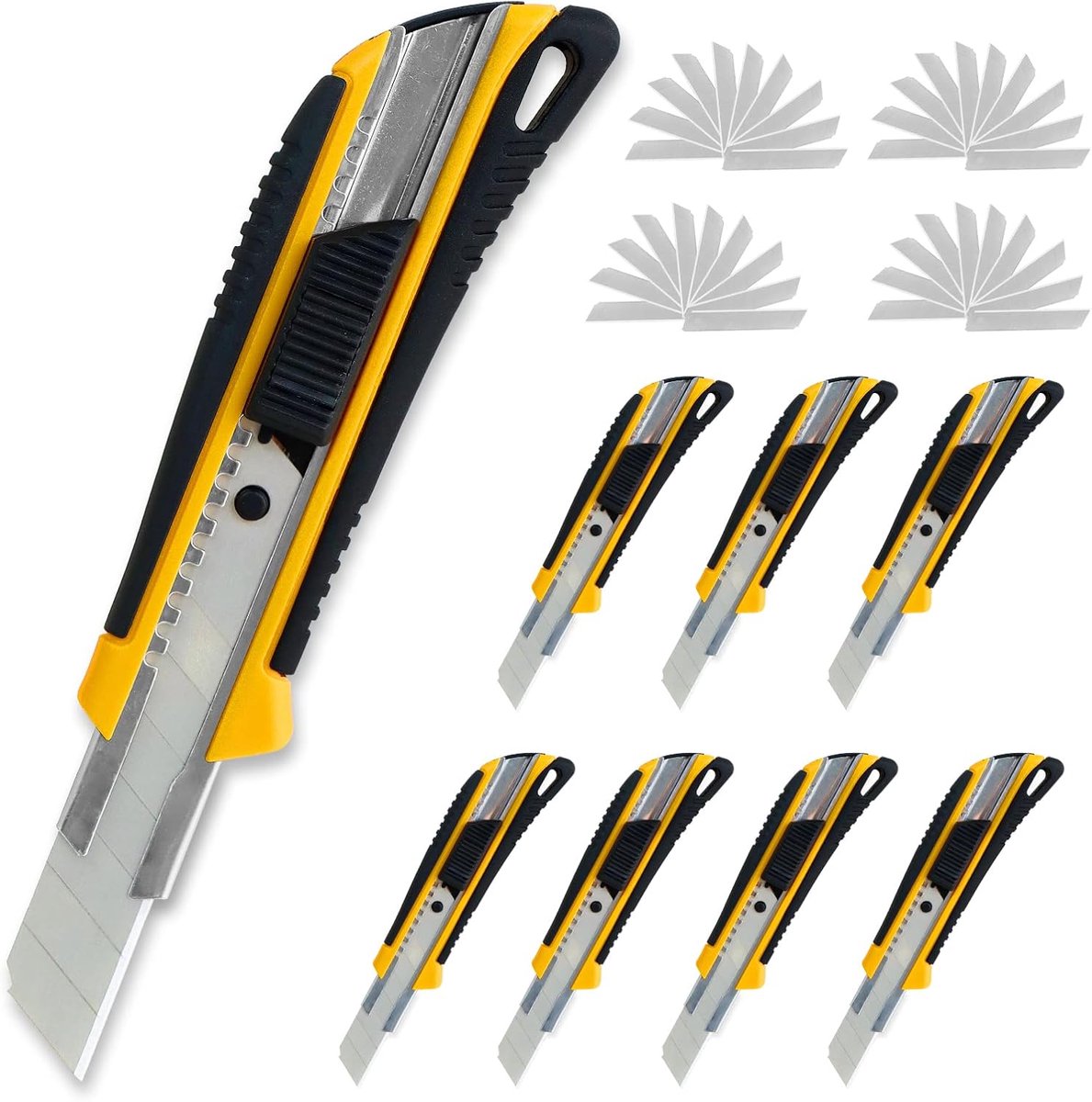 SnelShoppen - Set van 8 Snijmessen 18 mm, Tapijtmes met Veiligheidsvergrendeling inclusief 40 Vervangbladen, Ergonomisch en Antislip Handvat