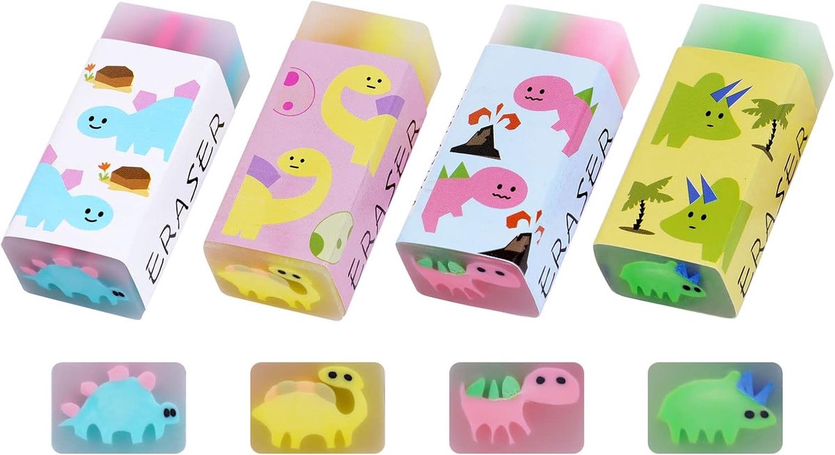SnelShoppen - Schattige Dinosaurussen Gum - 4 Stuks Cube Rubber Gummen voor Kinderen - Perfect voor School, Tekenen, Feestjes en Kantoor - Hoogwaardig