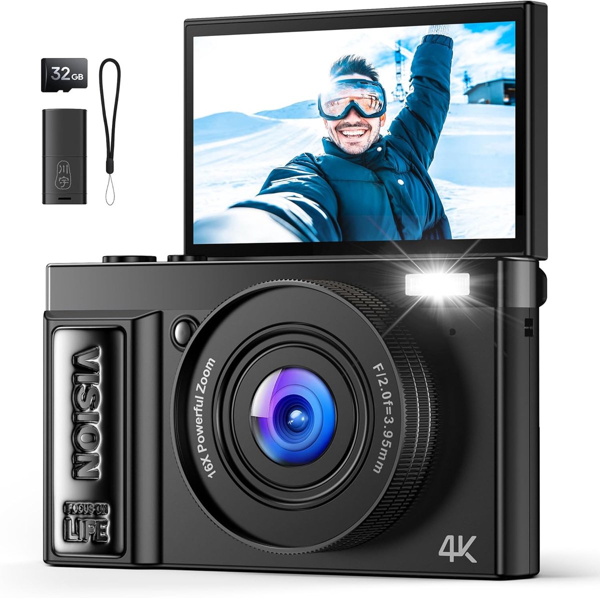SnelShoppen - Digitale Camera 4K voor Vloggen - 64MP Foto's - 16x Zoom Compacte Camera met 180° Flip Screen - Perfect voor Tieners en Beginners - Idea