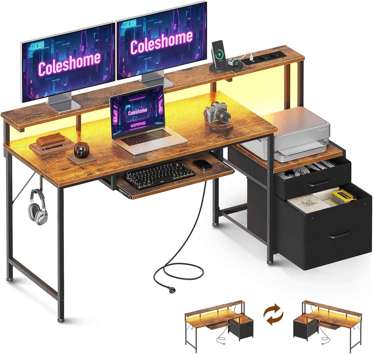 SnelShoppen - Colsehome Bureau met Laden 140x48cm, Omkeerbaar Computer Bureau met Stopcontact & USB, Gaming Tafel met LED Verlichting, Toetsenbordlade