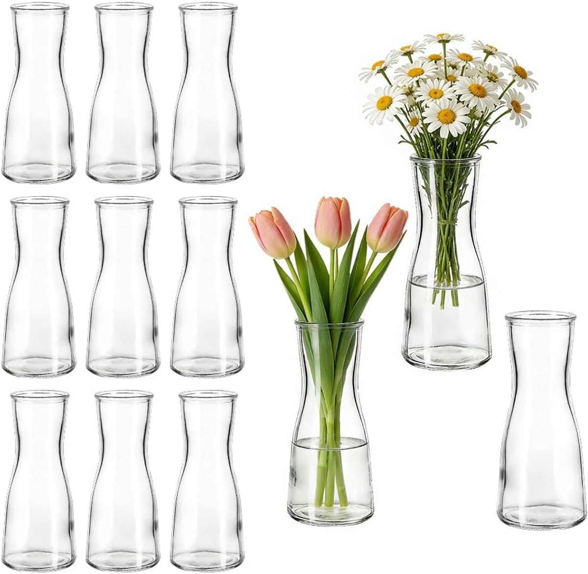 SnelShoppen - Set van 12 Kleine Glazen Vazen, Moderne Minimalistische Bloemenvazen van Dikke Glas, 14 cm Hoog, Perfect voor Bruiloften, Feesten, Tafel