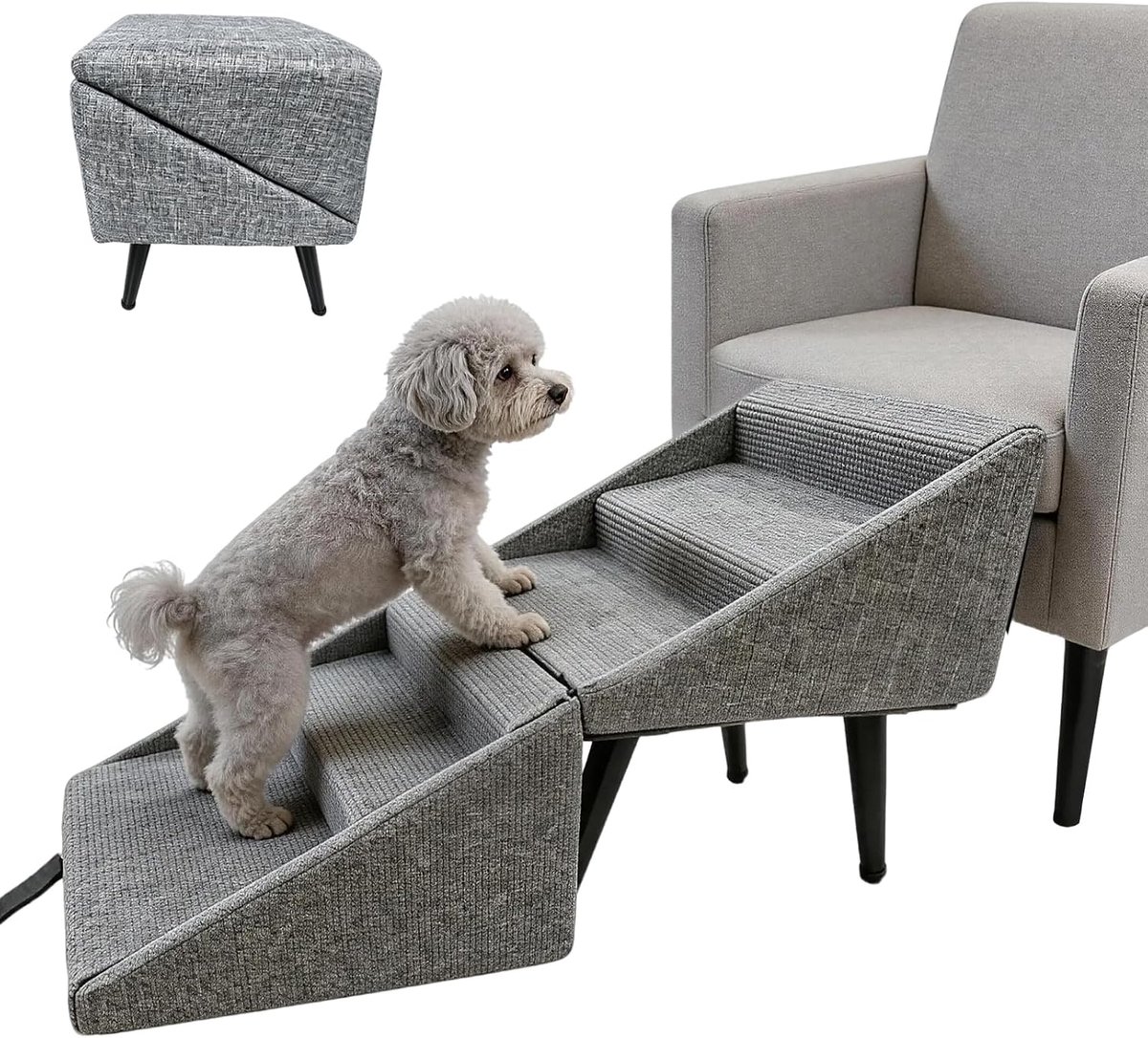 SnelShoppen - Dog Stairs voor Kleine Honden, 2-in-1 Stepladder en Pouf, Opvouwbare Hondentrap, Antislip Houten Trap voor Puppies, Oudere en Gewonde Ho