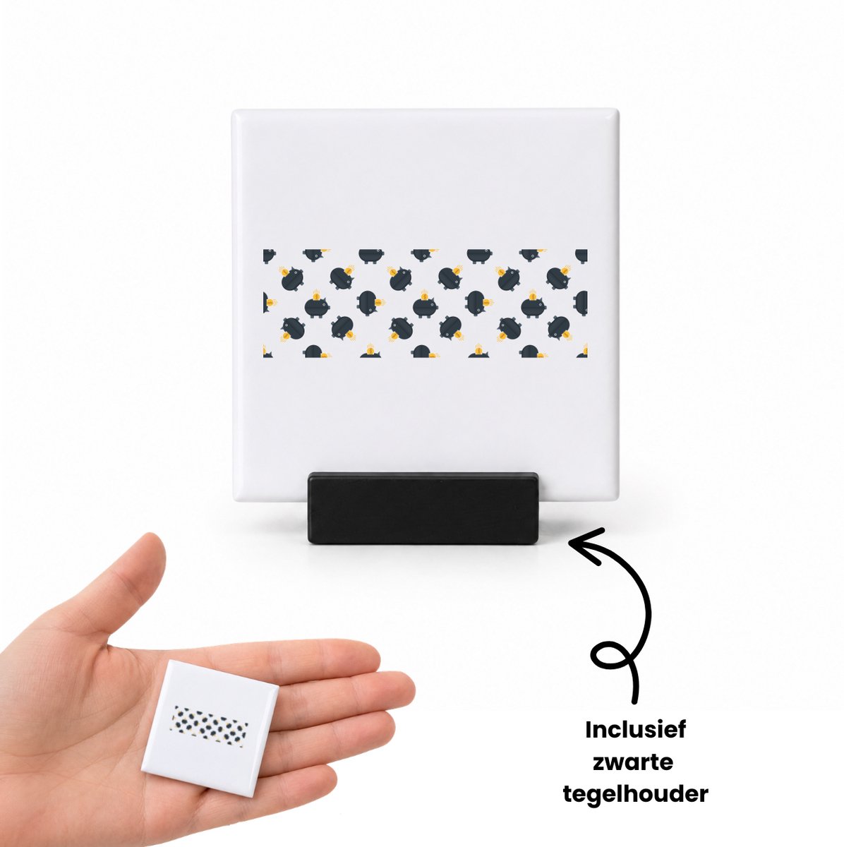 Hacebo Zwarte piggy banks tegeltje met tegelhouder - Varken - iemand die van geld houdt - tegeltjes met tekst - cadeau voor iemand die houdt van geld - verjaardagscadeau - gift - geschenk - spreuktegels - 4.8x4.8 CM Wit