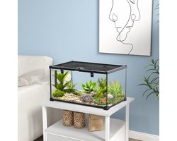 Terrarium – Glasterrarium Met Thermometer En Beluchtingsrooster – 50 x 30 x 25 cm – Glas En Metaal – Zwart – Voor Reptielen
