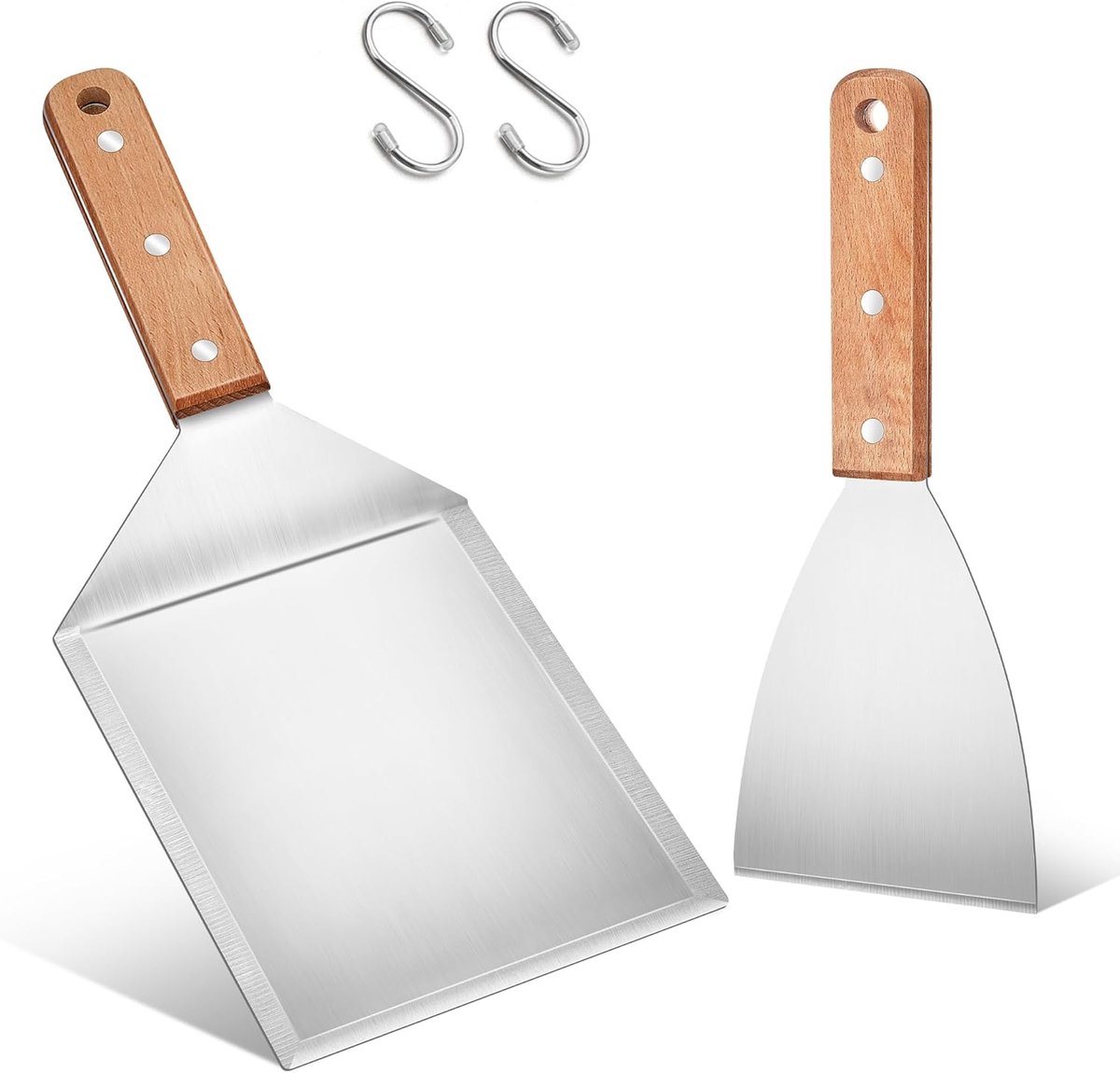 SnelShoppen - Grill Spatula Set 2-delig RVS voor Smash Burgers, Teppanyaki BBQ Accessoires met Houten Handvat, Perfecte Kookgerei voor Tuin en Feestje