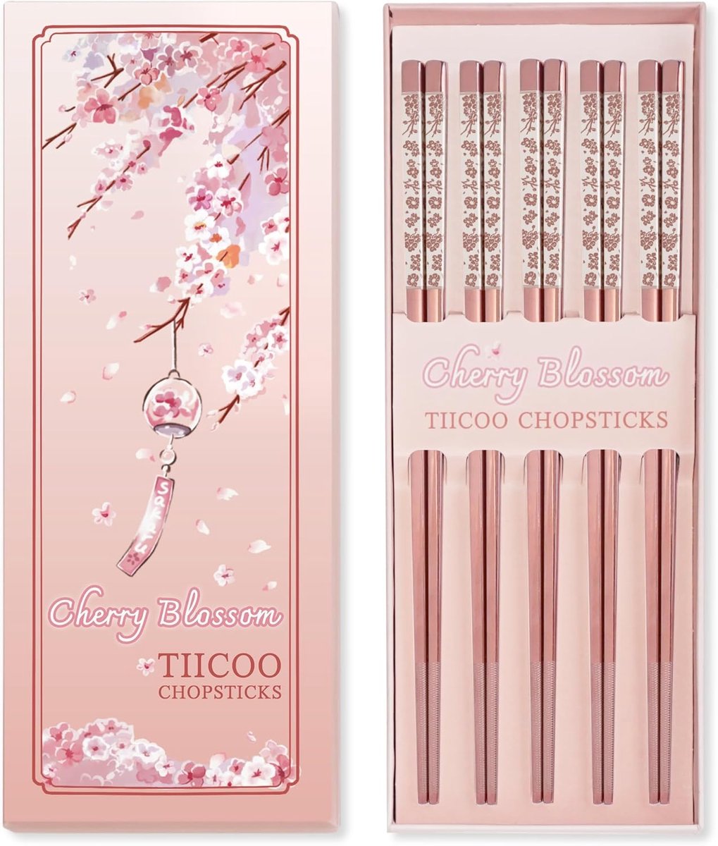 SnelShoppen - Set van 5 Paar RVS Eetstokjes met Japanse Kersenbloesem Motief, Elegante Cadeauverpakking, Vaatwasserbestendig, Perfect voor Sushi en Az