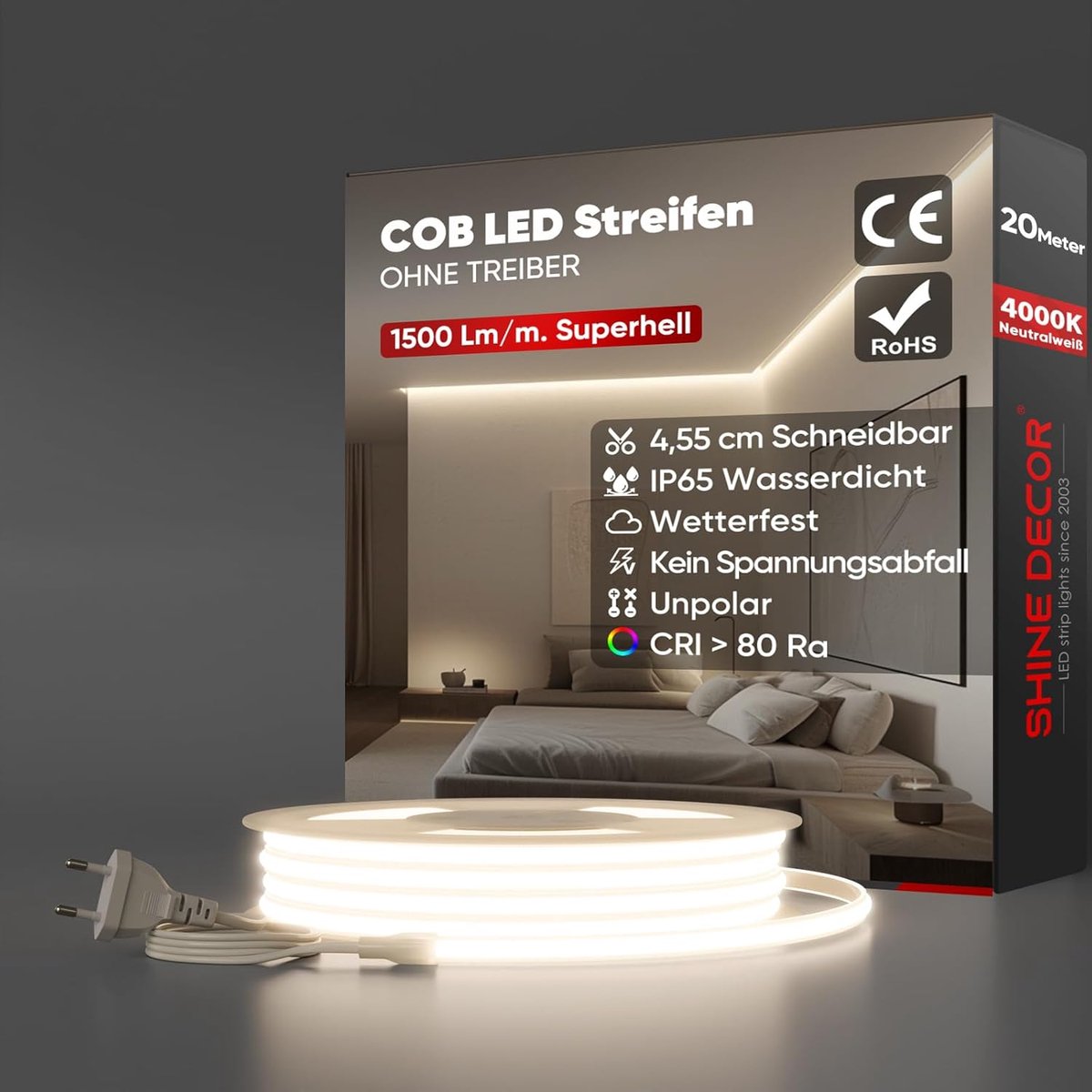 SnelShoppen - LED Strip 20 m SMD2025 IP65 Waterproof Neutral White 286 LEDs/m Ultra High Brightness Lichtband voor Tuin, Keuken en Decoratie