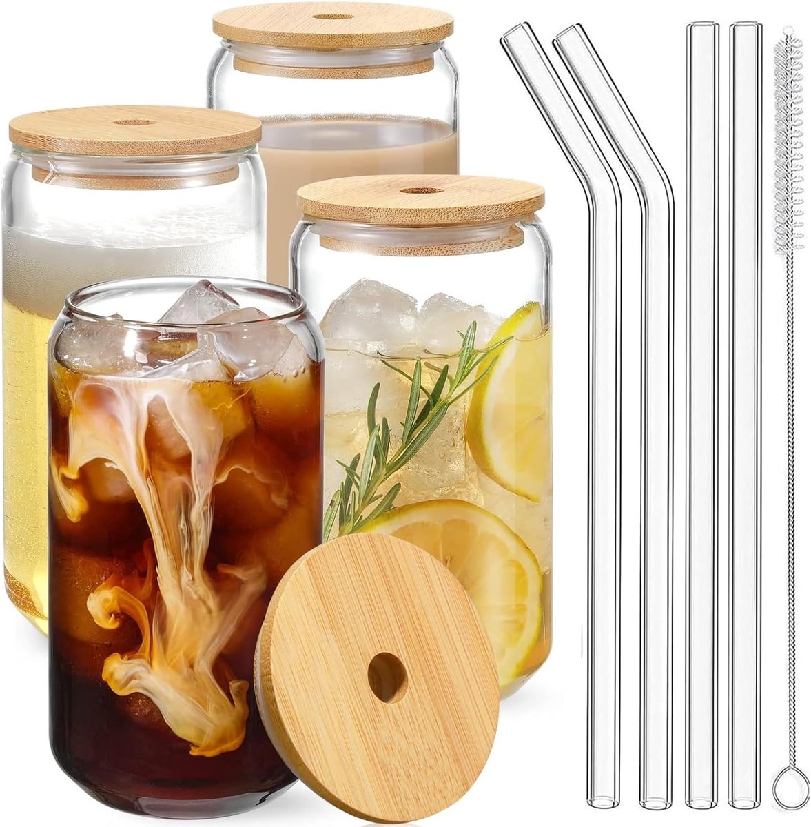 SnelShoppen - Set van 4 Drinkglazen met Deksel en Rietje, 560 ml Cocktail- en Iced Coffee Glazen, Ideaal voor Smoothies, Latte, Whisky, Perfect voor F