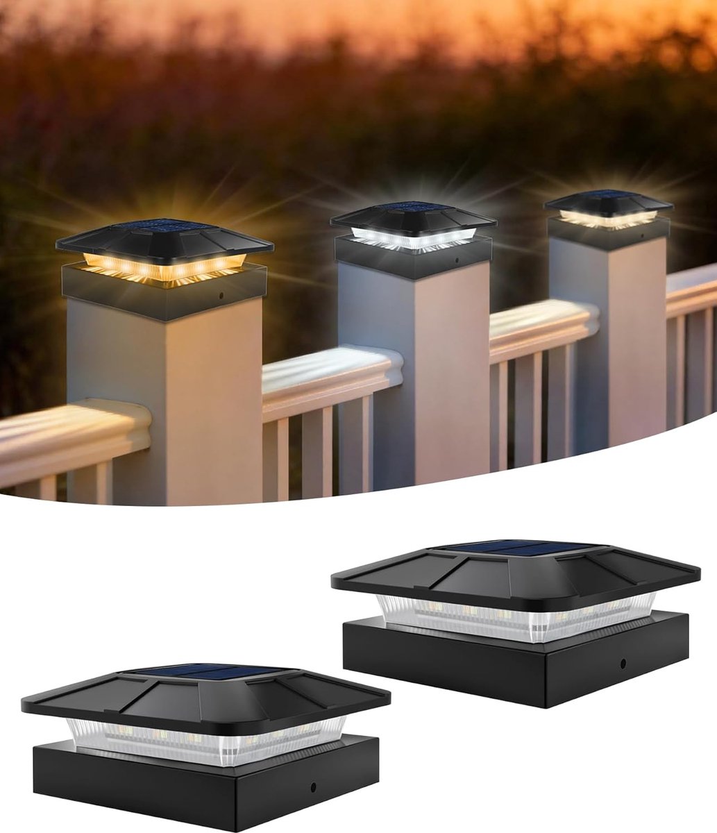 SnelShoppen - Solar Pole Cap LED Tuinverlichting 10x10 CM, 3 Kleurtemperaturen 3000K/4500K/6000K, Dimbaar, Waterproof IP65, Set van 2 voor Tuin, Terra