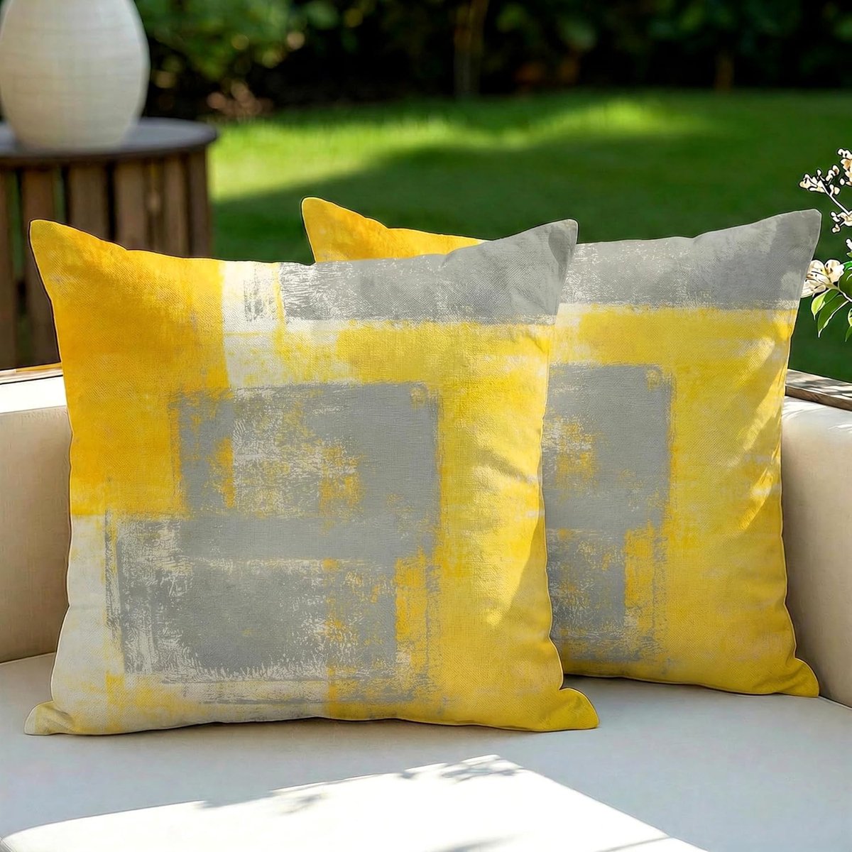 SnelShoppen - Outdoor Waterdichte Kussenhoezen 50x50 cm, Set van 2, Geel Oil Painting Decoratief, Vintage Landhuisstijl voor Tuin, Balkon, Sofa, Campi