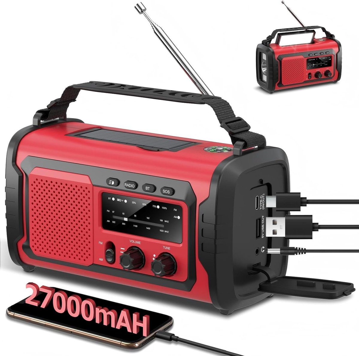 SnelShoppen - 27000 mAh Noodradio met Zonne-energie en Handcrank, AM/FM Noodradio met SOS Alarm, Bluetooth Speaker, Powerbank en Zaklamp voor Camping