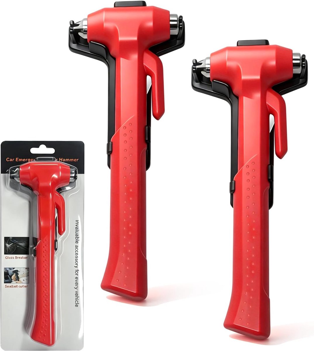 SnelShoppen - 2-in-1 Auto Noodhamer Set van 2, Veiligheids Hammer met Gordelsnijder, Verstevigde Tips, Rood, Essentieel voor Auto en Bus