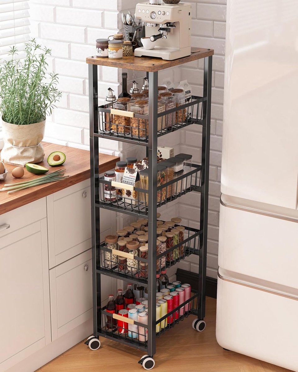 SnelShoppen - Metal Storage Cart Keuken Trolley met 5 Planken en Uittrekbare Mandjes, Zwart, Voor Keuken, Badkamer en Kantoor