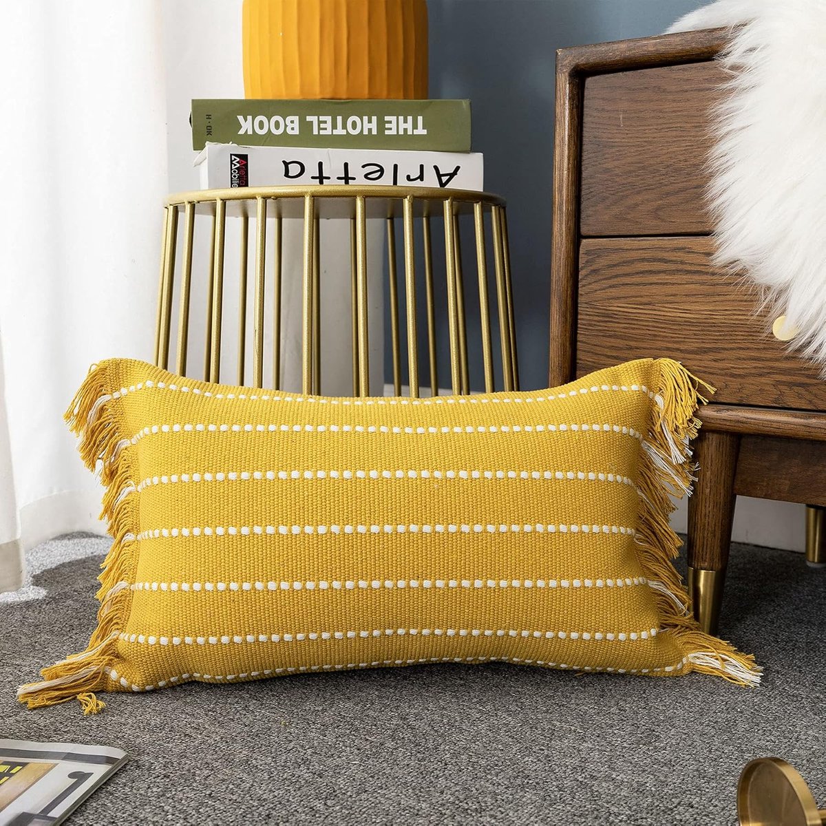 SnelShoppen - Boho Lumbar Kussenhoes met Bontige Tassels - Woven Katoen Striped Pillowcase 30x50cm voor Sofa, Bank, Slaapkamer, Woonkamer in Geel en W