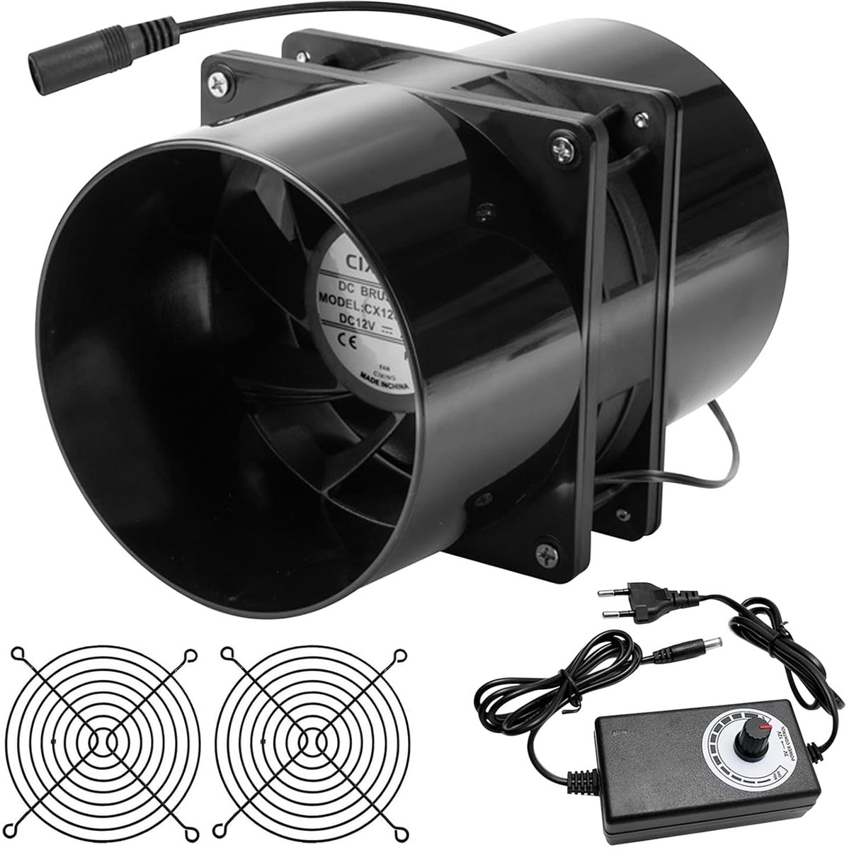 SnelShoppen - DC 12V Tube Fan 100mm met Snelheidscontroller 6000rpm voor Keuken, Toilet, Kweekkas, Garage, Luchtcirculatie - Compleet met Accessoires