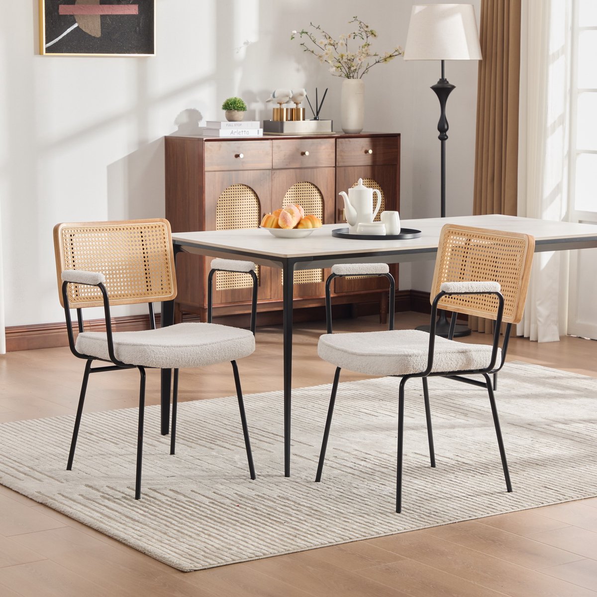 MEUNIQ eetkamerstoel set van 2 met armleuningen, chenille bekleding, rotan-look rugleuning, verstelbare metalen poten, 58 x 62,5 x 82 cm, ivoor Ivory