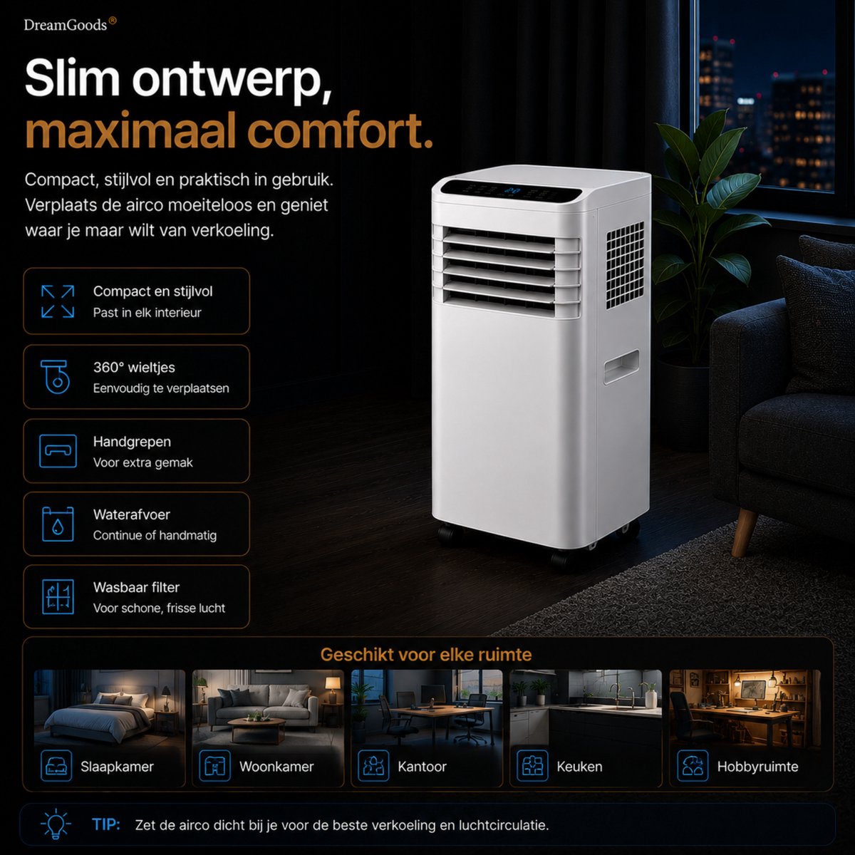 DreamGoods Mobiele Airco - 7000 BTU - 3-IN-1 Airco met Afvoerslang - Verkoelen, Ventileren & Ontvochtigen - Airco voor Slaapkamer - Airconditioning met Raamafdichtingskit — afbeelding 5