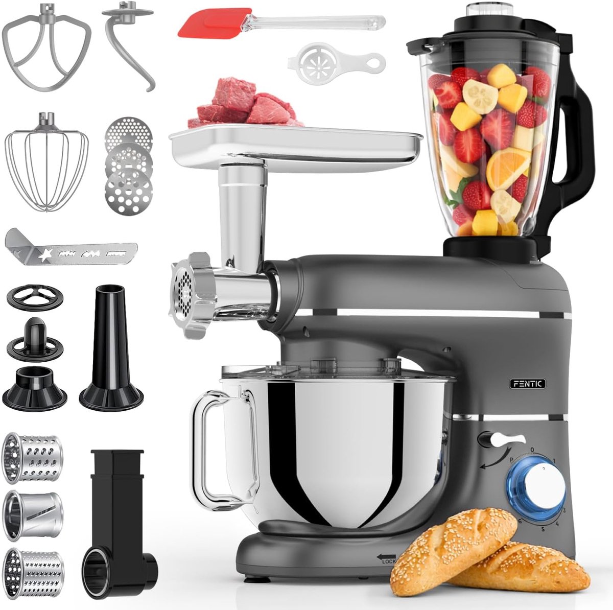 SnelShoppen - Food Processor 2000W - 6,2L Mengkom - Multifunctionele Keukenmachine - Vleesmolens, Blender & Accessoires - Anthraciet - Ideaal voor Kok
