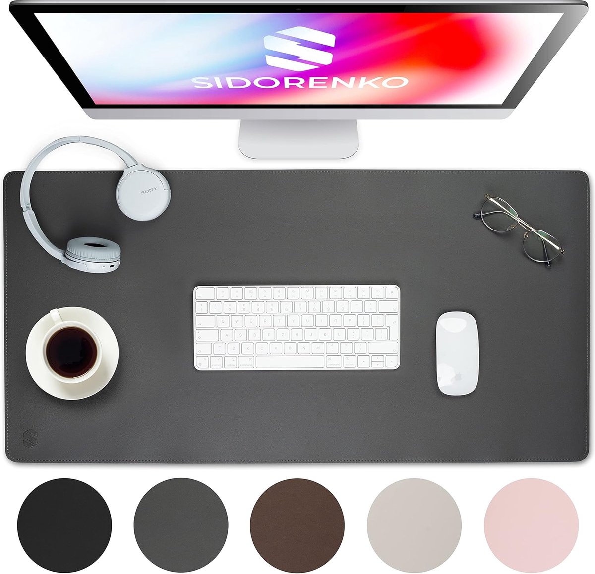 SnelShoppen - Desk Mat XXL 80x40 cm - PU Leer Grijs - Desk Pad met Gestikte Randen - Ruime Muismat voor Laptop en Computer - Ideaal voor Thuiswerk en
