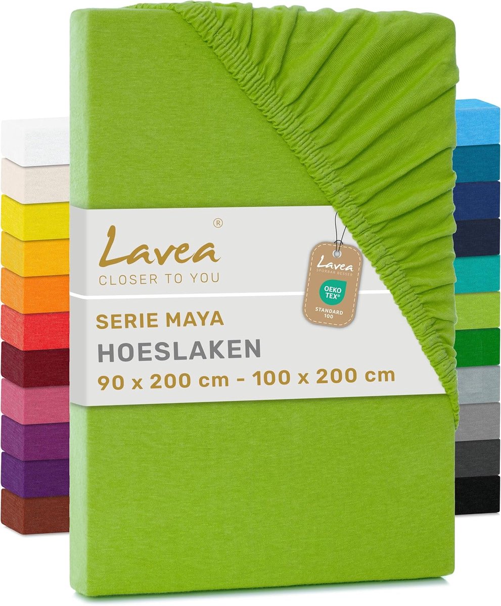 SnelShoppen - Fitted Sheet 90x200 cm - 100x200 cm Jersey Hoeslaken 100% Katoen, Ademend en Zacht - Geschikt voor Matrassen tot 20 cm - Appelgroen