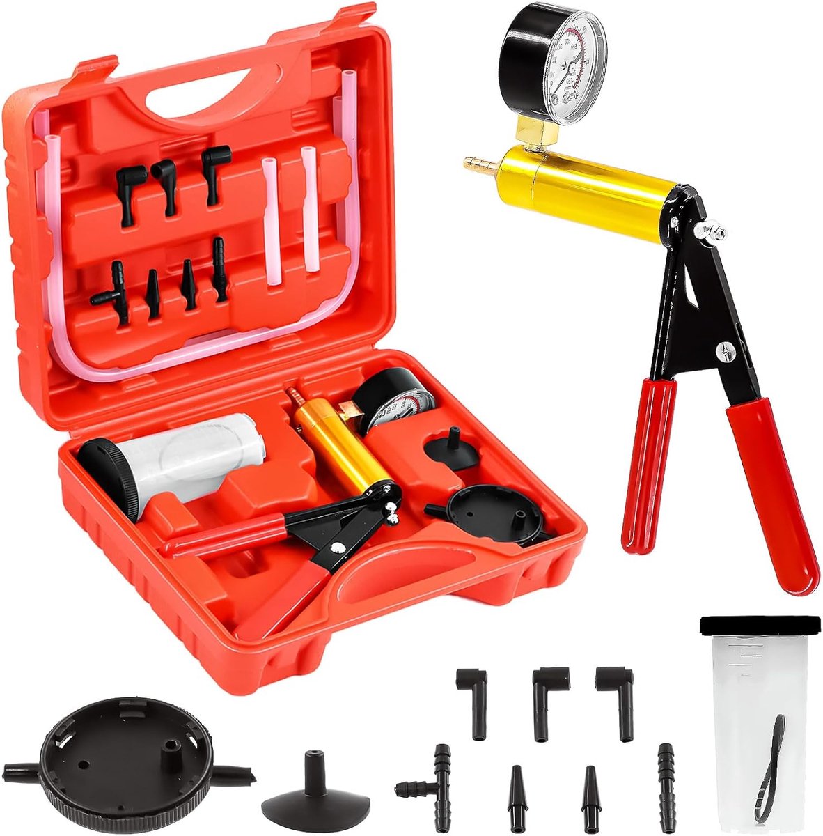 SnelShoppen - Handheld Vacuum Pump Brake Bleeder Kit 15Pcs - 2 in 1 Manual Vacuum Pomp met Gauge en Adapters voor Motorfiets, Fiets, Auto - Rood