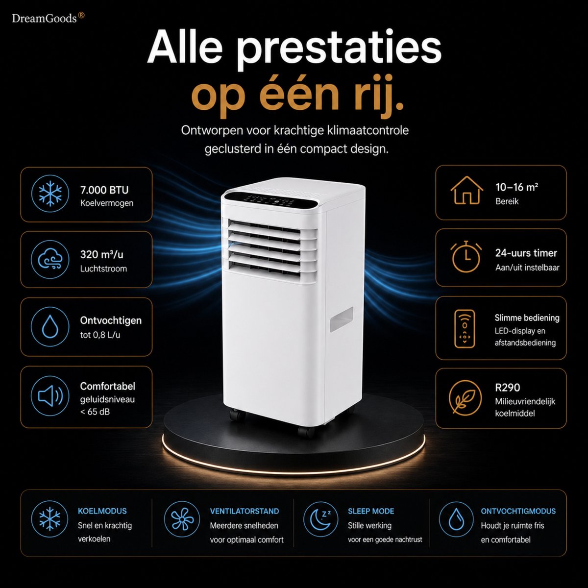 DreamGoods Mobiele Airco - 7000 BTU - 3-IN-1 Airco met Afvoerslang - Verkoelen, Ventileren & Ontvochtigen - Airco voor Slaapkamer - Airconditioning met Raamafdichtingskit — afbeelding 7